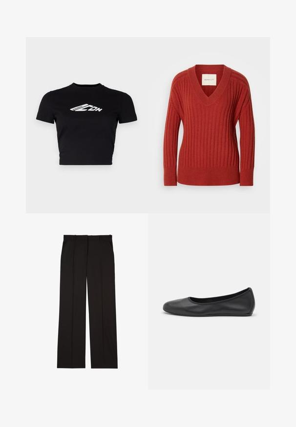 Rød ribbet sweater med V-hals, lange ærmer og fitted talje. Fremstillet af et blødt, struktureret materiale. Etiket synlig inden i halsudskæringen.; DSQUARED2 ICON MINI TEE - T-shirts print - black; Sorte skræddersyede bukser lavet af et glat stof, med et lige ben-design og to sidelommer. Elegant og minimalistisk konstruktion.; Sort læderballetsko med rund tå, glat tekstur, minimal syning og et fleksibelt såldesign.