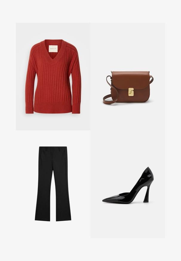 Red ribbed sweater with a V-neck, long sleeves, and a fitted waist. Made from a soft, textured material. Label visible inside neckline.; Black flared pants made of smooth fabric, featuring front pockets and a tailored fit with pressed crease lines for a polished look.; Black patent leather high-heeled pump with a pointed toe and an angular stiletto heel, featuring a smooth, shiny texture.; Brown leather handbag with a flap closure, gold-tone hardware, a shoulder strap, and a smooth texture. Compact rectangular shape.