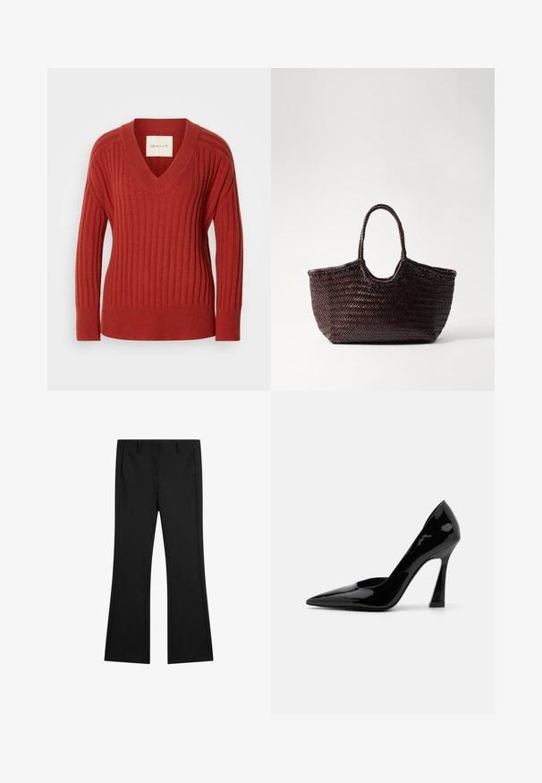 Czerwony sweter z prążkowanym wzorem, w serek, z długimi rękawami i dopasowanym taliowaniem. Wykonany z miękkiego, teksturowanego materiału. Metka widoczna wewnątrz dekoltu.; Czarne spodnie w kształcie dzwonów z gładkiego materiału, posiadające kieszenie z przodu i dopasowany krój z wyprasowanymi liniami zagięcia dla eleganckiego wyglądu.; Czarny lakierowany szpilka z ostro zakończonym noskiem i charakterystycznym kanciastym obcasem. Gładka faktura z eleganckim, błyszczącym wykończeniem.; Torebka na ramię w kolorze brązowym, pleciona, z zaokrąglonym wierzchem i dwoma uchwytami. Posiada teksturowany wzór oraz szeroką, otwartą strukturę, co ułatwia dostęp.