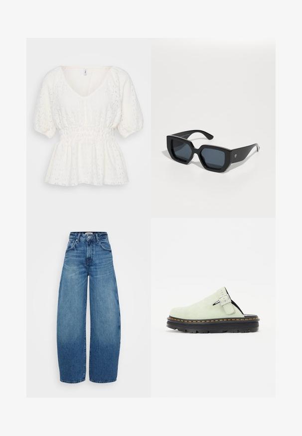 Rozā džemperis ar apaļu kakla izgriezumu, īsu dizainu un garām piedurknēm, kuru rotā sudraba sirdis gar piedurknēm. Mīksts kokvilnas materiāls.; Balta blūze ar V veida kakla izgriezumu, īsām pūkainām piedurknēm, krunkotu jostas daļu un teksturētu mežģīņu rakstu visā virsmā. Viegls un gaisīgs audums.; Platas kāju zilas denima bikses ar augstu jostasvietu, ar gaismas līdz tumsas mazgāšanas gradientu, priekšējām kabatām un pogu aizdari.; Gai zaļi zamšādas klogi ar noapaļotu purngalu, regulējamu sprādzi un melnu teksturētu zoli ar oranžiem stitching elementiem.; Melnas lielas saulesbrilles ar ģeometrisku dizainu, taisnstūrveida lēcas un spīdīgu apdari. Uz priekša nav redzama zīmola.