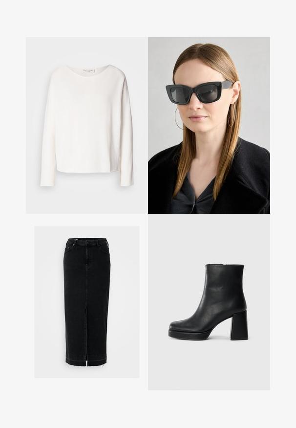 Majica dolgih rokavov, okroglega izreza iz mehke, lahke bele tkanine z sproščenim krojem. Ima čist rob in brez vidnih dodatkov.; Črna jeans krilo s ravnim krojem, sprednjim razporkom, strganim robom in klasičnim pet-imernim dizajnom. Standardne zanke za pas na pasu.; Črne usnjene gležnjarje z blok peto in platformo, prikazane s strani na enobarvni beli podlagi.; Črne mačje očala s temnimi lečami, debelimi okvirji in subtilnimi detajli. Oblečena z črnim plaščem in sivim zgornjim delom, z dolgimi ravnimi lasmi.