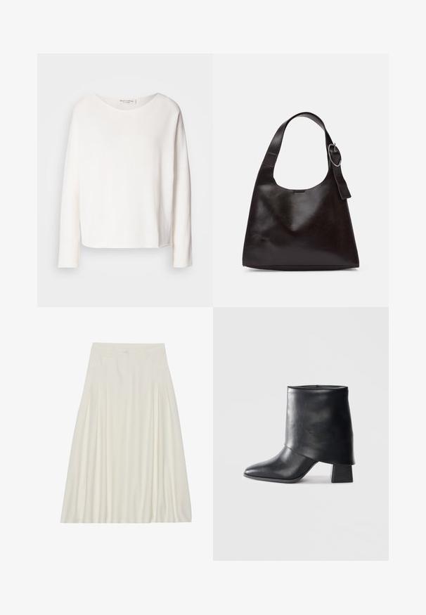 Long-sleeve, round-neck top in soft, lightweight white fabric with a relaxed fit. Features a clean hem and no visible hardware.; White, knee-length skirt made of lightweight fabric featuring pleats, a waistband with a button closure, and side pockets.; Black leather ankle boot with a pointed toe, smooth texture, and a structured block heel. Features a high, folded cuff design.; Brown leather shoulder bag with a smooth texture, rounded shape, wide strap, and circular metallic accent on the handle.