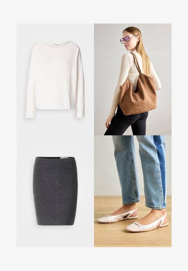 Dlhý rukáv, top s okrúhlym výstrihom z jemného, ľahkého bieleho materiálu s voľným strihom. Obsahuje čistý lem a žiadne viditeľné hardvérové prvky.; Šedá vlněná tužková sukňa s hladkou textúrou a priliehavým strihom, ktorá má diskrétny pás a žiadne viditeľné ozdoby.; Svetloružové slingback baleríny s jemne špicatou špičkou, vyrobené z hladkého materiálu pripomínajúceho kožu. Majú výrezové detaily na stranách a plochý opätok.; Hnedá semišová taška na rameno s mäkkou textúrou, veľkým otvorom a dlhými popruhmi. Má jednoduchý dizajn s viditeľným šitím a bez kovových prvkov.