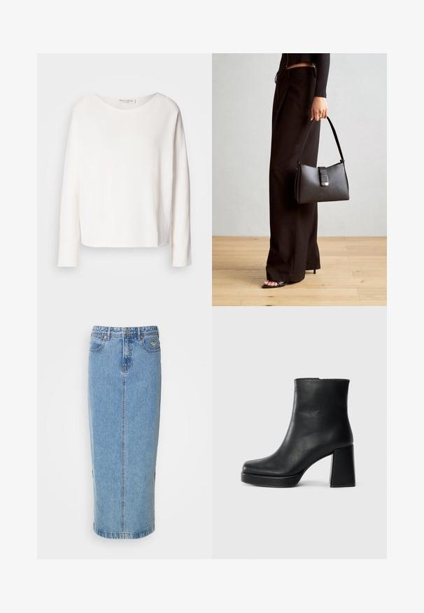 Hosszú ujjú, kerek nyakú felső puha, könnyű fehér anyagból, laza szabással. Tiszta szegéllyel és látható fémrész nélkül készült.; Világoskék farmer midi szoknya egyenes sziluettel, elöl gombos zárással és oldalsó zsebekkel. Finom varrásokkal és márkajelzéssel rendelkezik.; Fekete bőr bokacsizma tömbsarkal és platform talppal, oldalról nézve, sima fehér háttéren.; Fekete kézi táska strukturált formával, sima textúrával és fémből készült záródással. Széles fekete nadrággal és nyitott orrú szandállal párosítva, fából készült padlón.