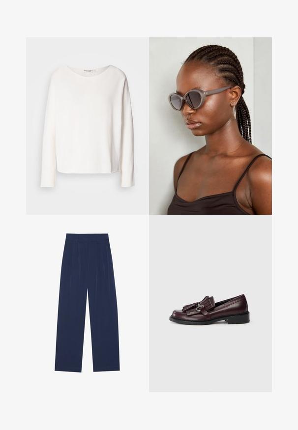 Hosszú ujjú, kerek nyakú felső puha, könnyű fehér anyagból, laza szabással. Tiszta szegéllyel és látható fémrész nélkül készült.; Sötétkék, bő szárú nadrág puha anyagból, elől redőkkel, sima textúrával, egyenes szabással, látható zsebek nélkül.; Burgundi bőr mokaszin, fröccsöntött díszítéssel, lekerekített orral és alacsony, szilárd fekete sarokkal. Részletes varrás a talpon.; Szürke, oversized napszemüveg kerek formával és sötét lencsékkel. Sima felületű, elegáns műanyag keret. A modellen fonott haj van.