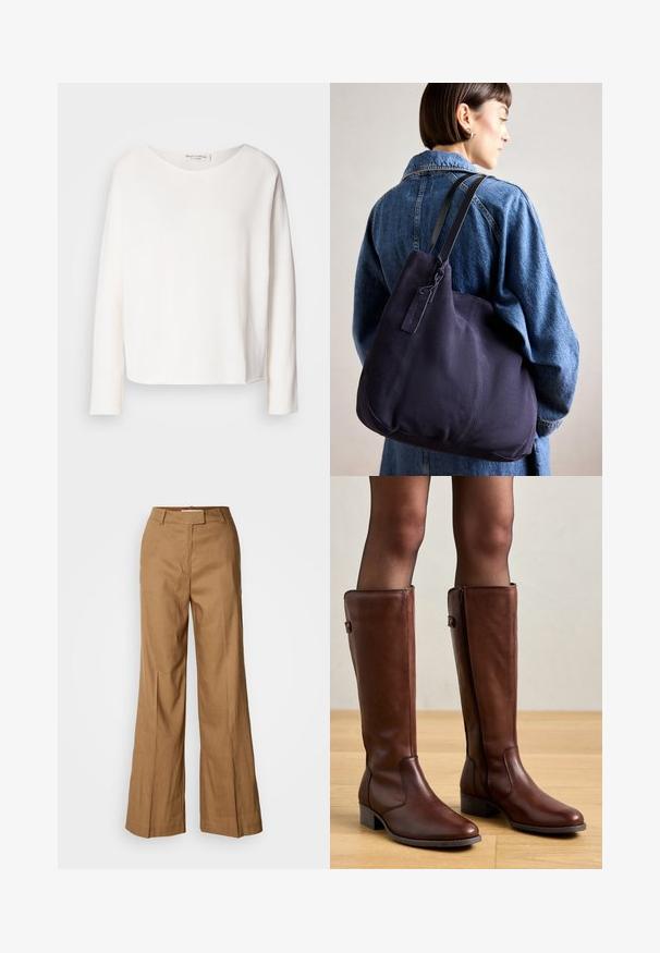 Blusa de manga larga y cuello redondo en suave y ligera tela blanca con un corte holgado. Presenta un dobladillo limpio y sin herrajes visibles.; Pantalones de pierna ancha marrones, confeccionados en una tela ligera. Cuentan con un frente plano, pasadores para cinturón y una silueta ajustada con un corte a la altura del tobillo.; Anna Field LEATHER - Botas - brown; Bolso de hombro de lienzo azul marino con una forma suave y estructurada, que presenta una correa negra, detalles de costura y una pequeña etiqueta de marca.