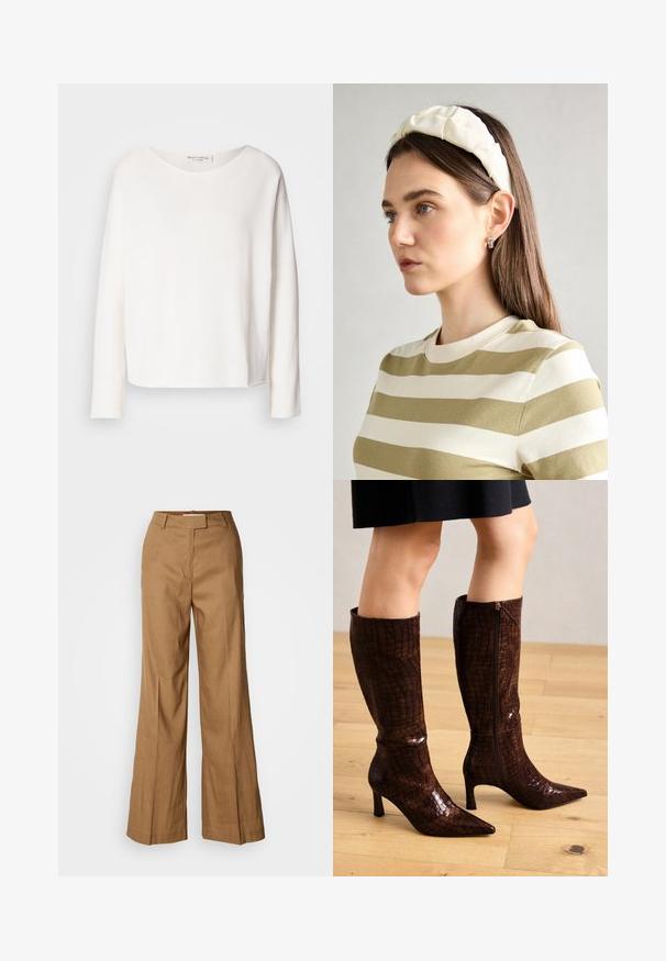 Tricou cu mâneci lungi și gât rotunjit, din material alb moale și ușor, cu o croială lejeră. Prezintă un tiv curat și nu are elemente de prindere vizibile.; Pantaloni largi maro, realizati dintr-un material usor. Prezintă un front plat, curea pentru centură și o siluetă tailată cu o tăietură până la glezne.; Bocanci maro, până la genunchi, cu o textură de crocodil, vârf ascuțit și un toc mic. Au un fermoar pe lateral pentru închidere și un finisaj lucios.; Bandă de cap din material moale, de culoare crem, cu un design răsucit, purtată alături de o bluză în dungi bej și albă, cu guler rotund. Accente discrete din bijuterii.