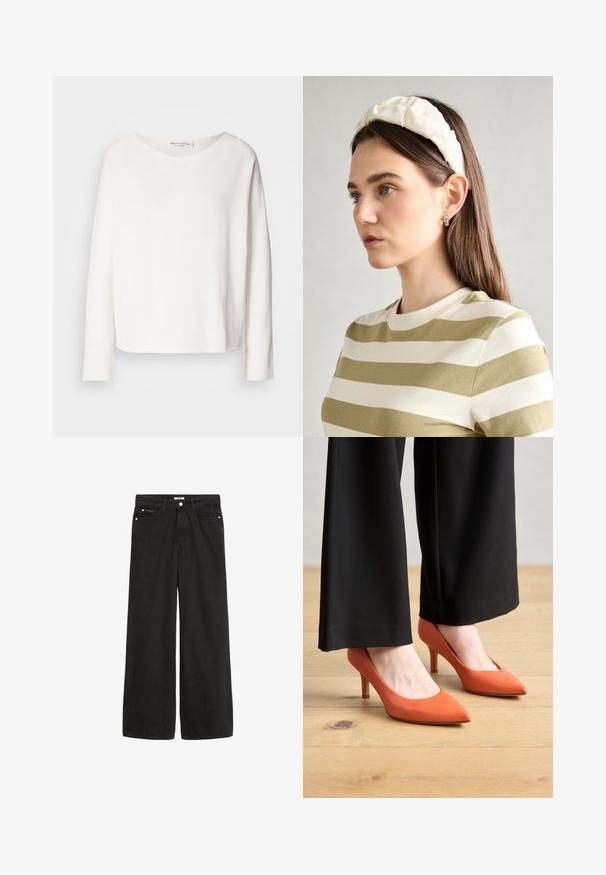 Long-sleeve, round-neck top in soft, lightweight white fabric with a relaxed fit. Features a clean hem and no visible hardware.; Wide-leg black denim jeans with a high waist. Features five pockets, metal hardware, and a clean finish. The texture is smooth and soft.; Orange leather high heels with pointed toes and a 3-inch stiletto heel, paired with black wide-leg pants, on a wooden floor.; Cream padded headband with twisted design, paired with a beige and white striped shirt featuring a round neckline. Subtle jewelry accents.