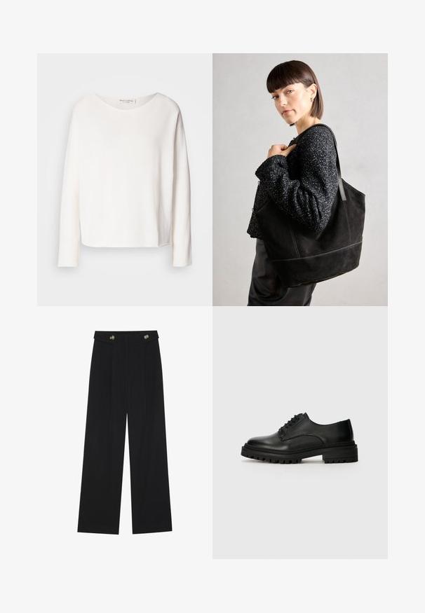 Lange mouwen, ronde hals top in zachte, lichtgewicht witte stof met een relaxte pasvorm. Heeft een nette zoom en geen zichtbare hardware.; Zwarte wijde broek met hoge taille, knoopdetails op de tailleband en plooien aan de voorkant.; Zwarte leren oxford schoen met een ronde neus, vetersluiting en een gestructureerde rubberen zool met profiel voor grip.; Zwarte suede schoudertas met een gladde textuur, gestructureerde vorm en contrasterende stiksels. Voorzien van lange hengsels voor schouderdraag.; Set van vijf gouden oorbellen met verschillende ontwerpen: gedraaide, gegroefde en gladde oppervlakken in ring- en halve maanshapes.