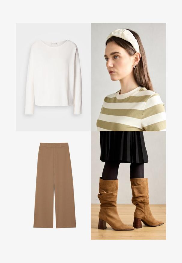 Garās piedurknes, apaļā kakla augšdaļa no mīkstas, vieglas, baltas auduma ar brīvu piegriezumu. Iezīmē tīru apakšmalu un bez redzamām detaļām.; Platas kāju bikses vienkāršā brūnā krāsā, izgatavotas no teksturētas auduma; ar augstu jostasvietu un strukturētu dizainu, kas aprīkots ar josta cilpiņām.; Brūni zamšaini slīpi potīšu zābaki ar norādītām purngaliem un sakrautiem koka papēžiem. Valkāti ar melnām zeķbiksēm un pliētotu melnu svārku.; Krēma krāsas pildīta galvassega ar uztinuma dizainu, apvienota ar bēša un baltā svītrainā krekla ar apaļu izgriezumu. Smalkas rotaslietas akcenti.