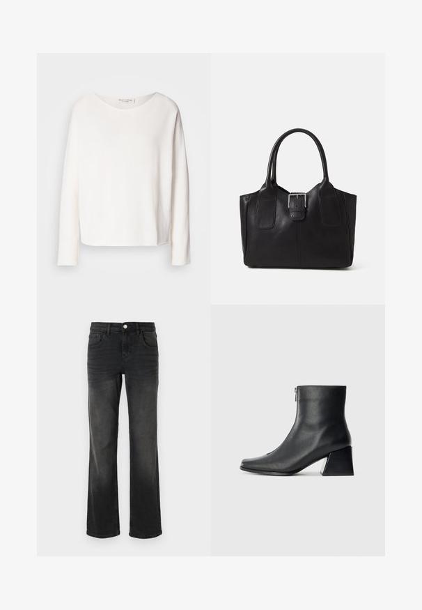 Long-sleeve, round-neck top in soft, lightweight white fabric with a relaxed fit. Features a clean hem and no visible hardware.; Black denim flared jeans with a faded finish, five-pocket design, and silver button closure. Features a straight waistband and standard hem.; Black leather ankle boot with square toe, side zipper, and block heel against plain light background.; Black leather tote bag with smooth texture, structured shape, two handles, and a prominent silver buckle detail on the front.