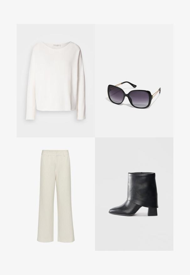 Long-sleeve, round-neck top in soft, lightweight white fabric with a relaxed fit. Features a clean hem and no visible hardware.; Wide-leg trousers in cream fabric with subtle vertical stripes, featuring a flat waistband and belt loops. Smooth texture with no pockets.; Black leather ankle boot with a pointed toe, smooth texture, and a structured block heel. Features a high, folded cuff design.; Black oversized sunglasses with gradient lenses, thick frames, and gold-tone chain detailing on the temple arms.; Black leather tote bag with smooth texture, structured shape, two handles, and a prominent silver buckle detail on the front.