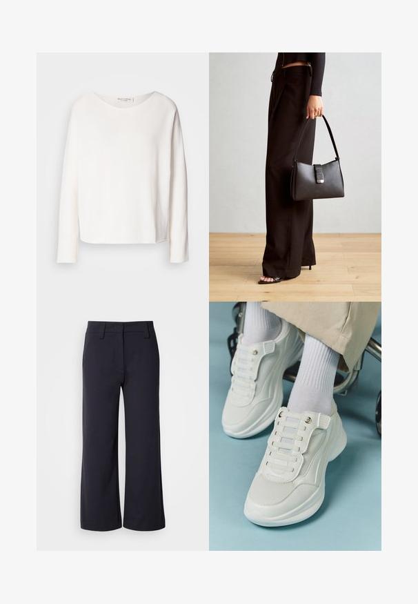 Dlouhý rukáv, kulatý výstřih, top z jemné, lehké bílé látky s volným střihem. Obsahuje čistý lem a žádné viditelné kovové prvky.; Kalhoty širokého střihu v tmavě modré látce. Mají plochý přední díl, poutka na opasek a boční kapsy. Materiál je hladký s mírným strečem.; Bílé tenisky s materiálem z mešové tkaniny, gumovou podrážkou, bezšňůrovým designem s elastickými pásky a zlatými akcenty.; Černá kabelka se strukturovaným tvarem, hladkým povrchem a kovovým uzávěrem. Kombinována s širokými černými kalhotami a sandály s otevřenou špičkou na dřevěné podlaze.