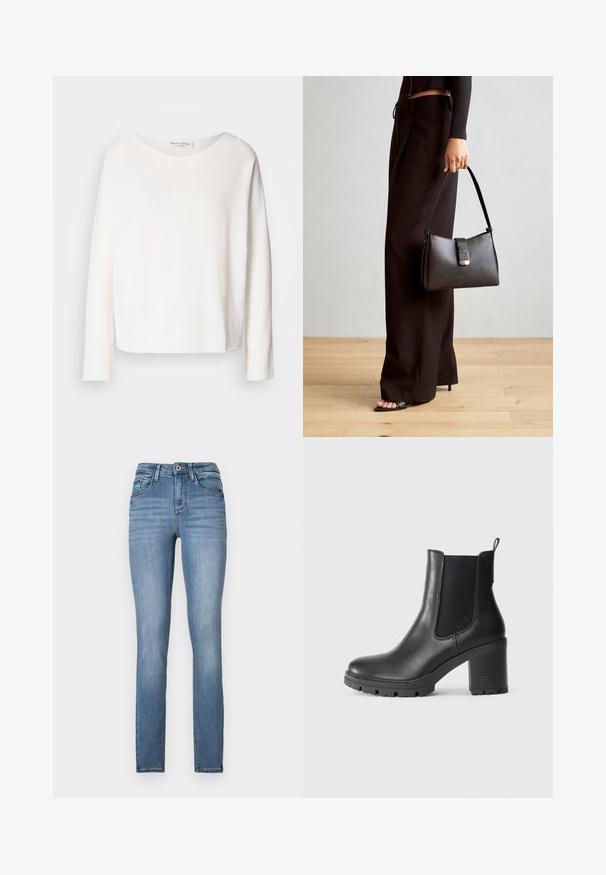 Blusa de manga larga y cuello redondo en suave y ligera tela blanca con un corte holgado. Presenta un dobladillo limpio y sin herrajes visibles.; Jeans skinny de mezcla de algodón azul claro con cintura alta, cinco bolsillos, suavemente desgastados y detalles de costura en contraste.; Bota de tobillo de cuero negro con paneles laterales elásticos, suela de goma gruesa y un alto tacón de bloque. Presenta una lengüeta en la parte trasera.; Bolso negro con forma estructurada, textura suave y un cierre metálico. Combinado con pantalones anchos negros y sandalias de dedo en un suelo de madera.
