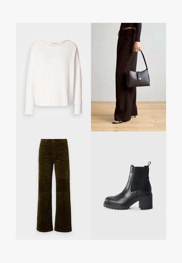 Langärmliges, rundhalsiges Oberteil aus weichem, leichtem weißen Stoff mit lockerer Passform. Verfügt über einen sauberen Saum und keine sichtbaren Beschläge.; Ripp-Hosen mit weitem Bein in tiefem Olivgrün. Verfügt über fünf Taschen, einen Knopfverschluss und vertikalen Rippstrick. Standardpassform mit klassischem Design.; Schwarze Lederstiefelette mit einem breiten Absatz, elastischen seitlichen Einsätzen und einer Zuglasche an der Rückseite. Strukturiertes Profil für besseren Grip.; Schwarze Handtasche mit strukturierter Form, glatter Textur und einem metallischen Verschluss. Kombiniert mit weiten schwarzen Hosen und offenen Sandalen auf einem Holzboden.