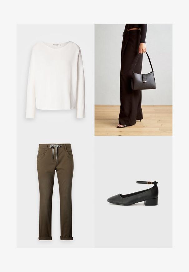 Langærmet, rundhalset top i blødt, let hvidt stof med en afslappet pasform. Har en ren kant og ingen synlig hardware.; Brune afslappede bukser lavet af glat materiale, med en snøre i taljen med hvide accenter, fem lommer og opsmøget ben.; Sorte læderpumper med spids tå og en lav blokhæl. Har en ankelrem med en guldfarvet spænde. Glat tekstur.; Sort håndtaske med struktureret form, glat overflade og metalspænde. Sammen med brede sorte bukser og sandaler med åben tå på trægulv.