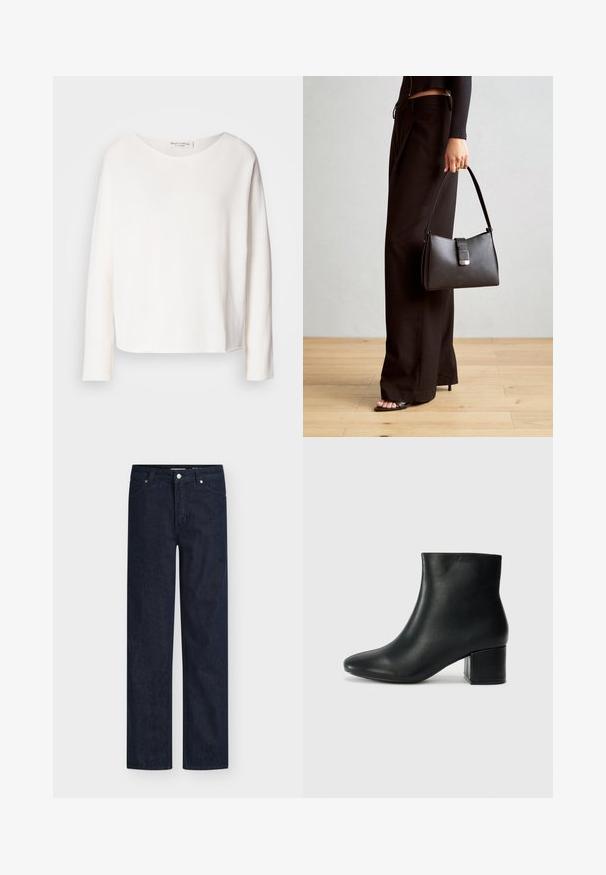 Tricou cu mâneci lungi și gât rotunjit, din material alb moale și ușor, cu o croială lejeră. Prezintă un tiv curat și nu are elemente de prindere vizibile.; Blugi din denim albastru închis cu un design cu picior drept, având cinci buzunare, cusături portocalii, un fermoar frontal și o închidere cu nasture metalic.; Cizme negre din piele până la gleznă, cu vârf ascuțit și toc robust. Textură netedă, cu accente minime și un design elegant, ajustat.; Genți negre cu o formă structurată, textură netedă și un închizător metalic. Asortată cu pantaloni negri largi și sandale cu vârf deschis pe un podea din lemn.