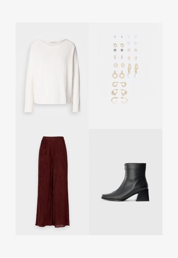 Hosszú ujjú, kerek nyakú felső puha, könnyű fehér anyagból, laza szabással. Tiszta szegéllyel és látható fémrész nélkül készült.; Széles szárú, bordó nadrág texturált anyagból, függőleges pliszékkal. Magas derékkal és bokáig érő szegéllyel rendelkezik.; Fekete bőr bokacsizma négyzetes orral, oldalsó cipzárral és tömbsarkal, egyszínű világos háttér előtt.; Arany tónusú fülbevalók szettje, amely különféle mintákat tartalmaz, beleértve a stift fülbevalókat, karikákat és gyöngyökkel és strasszokkal díszített hosszú fülbevalókat.