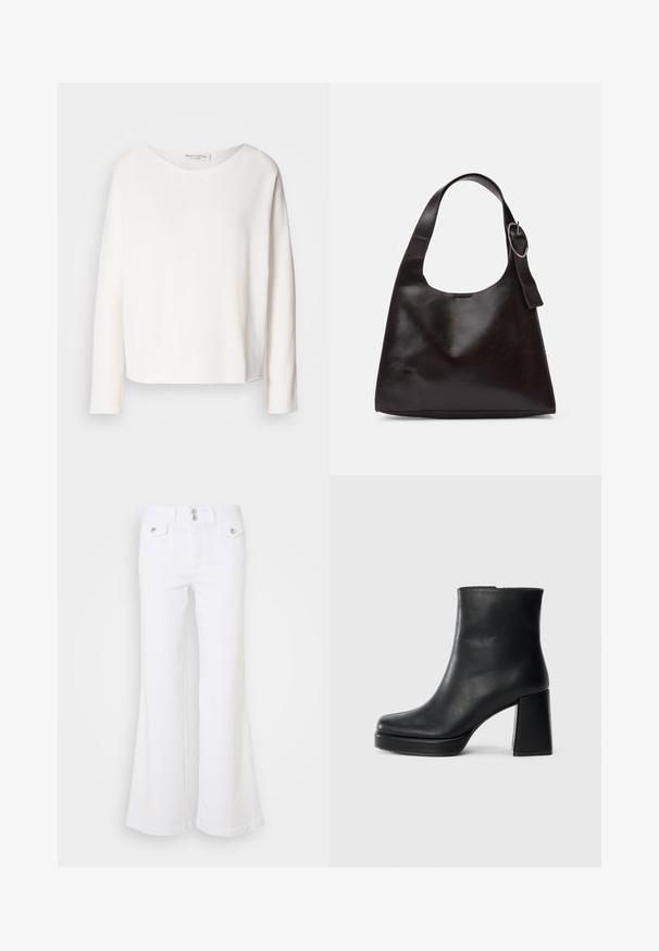 Lange mouwen, ronde hals top in zachte, lichtgewicht witte stof met een relaxte pasvorm. Heeft een nette zoom en geen zichtbare hardware.; Witte flared jeans van denim, met een hoge taille, twee voorzakken en zilveren knoopaccenten op een effen achtergrond.; Zwarte leren enkelboot met een blokhak en platformzool, zijaanzicht op een effen witte achtergrond.; Bruine lederen schoudertas met een gladde textuur, ronde vorm, brede strap en een cirkelvormig metallic accent op de handgreep.