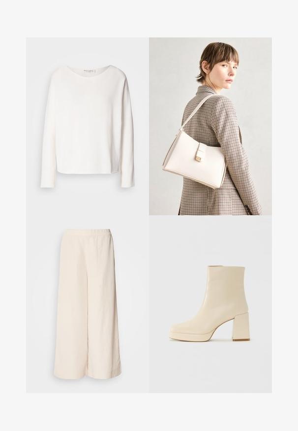 Hosszú ujjú, kerek nyakú felső puha, könnyű fehér anyagból, laza szabással. Tiszta szegéllyel és látható fémrész nélkül készült.; Krém színű, bő szárú nadrág, rugalmas derékkal, laza fazonnal és sima textúrával, alkalmas hétköznapi viseletre.; Beige bőr bokacsizma bársonyos felülettel, tömbsarokkal és platform talppal, enyhén szögletes orral, balra nézve, fehér háttér előtt.; Fehér bőr táska strukturált dizájnnal, mágneses záródással és vállpánttal, semleges háttér előtt bemutatva.