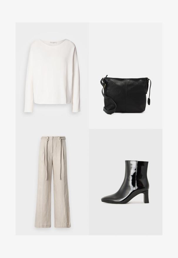 Long-sleeve, round-neck top in soft, lightweight white fabric with a relaxed fit. Features a clean hem and no visible hardware.; Wide-leg trousers in light beige linen with a high waist, front pleats, and a tied belt detail. Smooth texture and relaxed fit.; Black patent leather ankle boot with a pointed toe and a mid-height block heel. Smooth texture and minimalist design.; Black leather crossbody bag with a flat shape, gold hardware accents, and an adjustable strap. Smooth texture with minimal stitching details.