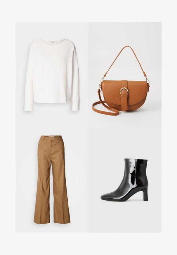 Majica dolgih rokavov, okroglega izreza iz mehke, lahke bele tkanine z sproščenim krojem. Ima čist rob in brez vidnih dodatkov.; Rjave široke hlače iz lahkega materiala. Imajo ravno sprednjo stran, zanke za pas in kroj, ki je prilagojen postavi, z dolžino do gležnjev.; Črne lakirane gležnjarje z ošiljenim nosom in srednje visokim blokastim peto. Gladka tekstura in minimalističen dizajn.; Rjava usnjena torbica prek telesa s ukrivljeno obliko, zlate opreme in sponko. Ima odstranljiv naramni trak.