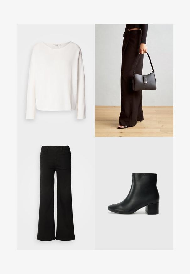 Blusa de manga larga y cuello redondo en suave y ligera tela blanca con un corte holgado. Presenta un dobladillo limpio y sin herrajes visibles.; Pantalones de pierna ancha negros hechos de tela de mezclilla, que cuentan con bolsillos frontales, cierre de botón y una textura suave con un acabado limpio.; Botas de cuero negras hasta el tobillo con una punta afilada y un tacón grueso. Textura lisa con acentos mínimos y un diseño elegante y ajustado.; Bolso negro con forma estructurada, textura suave y un cierre metálico. Combinado con pantalones anchos negros y sandalias de dedo en un suelo de madera.