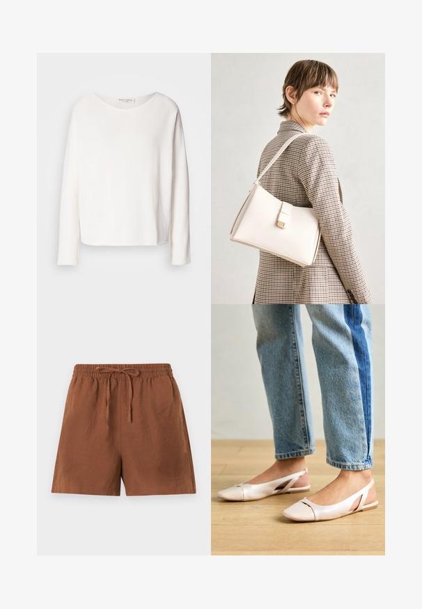 Langærmet, rundhalset top i blødt, let hvidt stof med en afslappet pasform. Har en ren kant og ingen synlig hardware.; Brune, letvægtige shorts med elastisk talje og snørrebånd. Har en løs pasform og blød tekstur, velegnet til hverdagstøj.; Lyserøde slingback flade sko med spidse tær, lavet af et glat læderlignende materiale. Har udskæringsdetaljer på siderne og en flad hæl.; Hvid læder håndtaske med en struktureret design, der har en magnetlukning og en skulderrem, præsenteret mod en neutral baggrund.