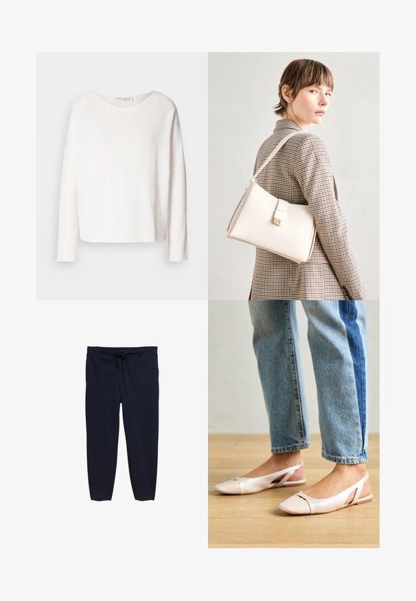 Hosszú ujjú, kerek nyakú felső puha, könnyű fehér anyagból, laza szabással. Tiszta szegéllyel és látható fémrész nélkül készült.; Sötétkék nadrág elől zsinóros, rugalmas derékrésszel. Az anyag sima, a lábszárai szűkülnek, és nincsenek látható minták.; Világos rózsaszín slingback laposlábú cipők, hegyes orral, sima bőrhatású anyagból készült. Oldalt kivágott részletek találhatók rajta, valamint lapos sarkú.; Fehér bőr táska strukturált dizájnnal, mágneses záródással és vállpánttal, semleges háttér előtt bemutatva.