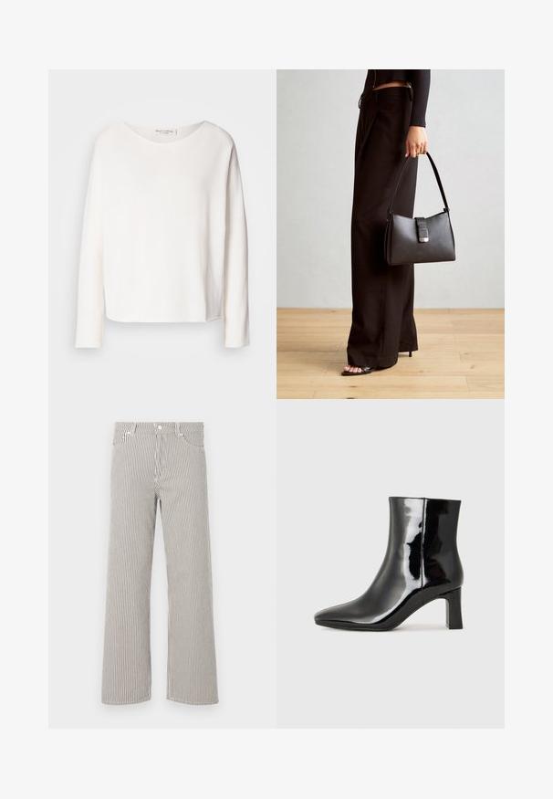 Ilgas rankovės, apvalaus kaklo viršus iš minkštos, lengvos baltos medžiagos su laisvu kirpimu. Savybės - švarus apvadas ir jokių matomų detalių.; Juostos plačios kojos kelnės iš lengvos medžiagos. Yra vertikalios juodos ir baltos juostelės, liemuo ir penki kišenių.; Juodos lakuotos odinės aulinukės su smailiu pirštu ir vidutinio aukščio blokuotu kulnu. Lygus paviršius ir minimalistinis dizainas.; Juodas rankinė struktūrizuota forma, lygi tekstūra ir metalinis užsegimas. Suporuota su plačiomis juodomis kelnėmis ir atvirais bateliais ant medinių grindų.