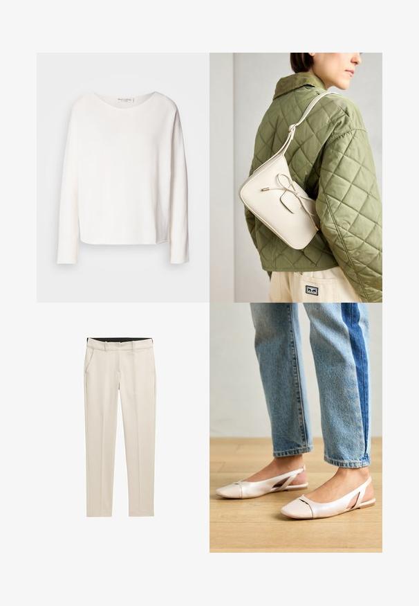 Garās piedurknes, apaļā kakla augšdaļa no mīkstas, vieglas, baltas auduma ar brīvu piegriezumu. Iezīmē tīru apakšmalu un bez redzamām detaļām.; TOM TAILOR MIA SLIM - Chinos tipa bikses - dusty beige; Bālti rozā siksniņu dzīvokļi ar smailu purngalu, izgatavoti no gludas ādas līdzīgās materiāla. Iezīmē izgriezumu detaļas sānos un platu papēdi.; Bēša ādas crossbody soma ar loku detaļu, zelta aparatūru un vienu regulējamu siksnu, vilkta pāri zaļai quilted jakai.