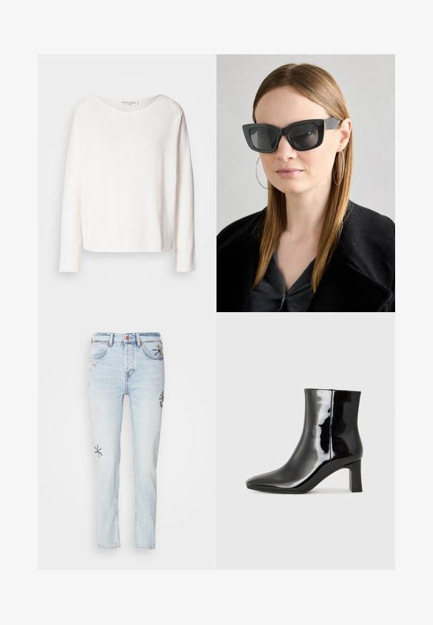 Langermet topp med rund hals i mykt, lett hvitt stoff med en avslappet passform. Har en ren nederkant og ingen synlig maskinvare.; Lys blå denimjeans med rett fit, med dekorativ blomsterbroderi i mørkere blått og gult på beina. Klassisk fem-lomme design.; Sorte patentlær ankle boot med spiss tå og en mellomhøy blokkhelt. Glatt tekstur og minimalistisk design.; Sorte katteøyne solbriller med mørke linser, tykke rammer og subtile detaljer. Båret med en svart frakk og grå topp, med langt, rett hår.