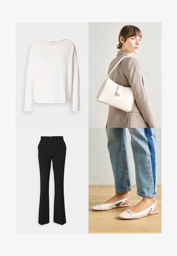 Ilgas rankovės, apvalaus kaklo viršus iš minkštos, lengvos baltos medžiagos su laisvu kirpimu. Savybės - švarus apvadas ir jokių matomų detalių.; Juodi platėjančių kelnių fasonai, pagaminti iš lygaus audinio, turintys vidutinio aukščio juosmenį, dirželių kilpas ir švarią, pritaikytą siluetą.; Šviesiai rožiniai slingback baleto bateliai su smailiu pirštu, pagaminti iš lygios odai panašios medžiagos. Yra išpjovimų detalės šonuose ir plokščias kulnas.; Balto odos rankinė su struktūrizuotu dizainu, turinti magnetinį užsegimą ir petnešą, demonstruojama prieš neutralią foną.