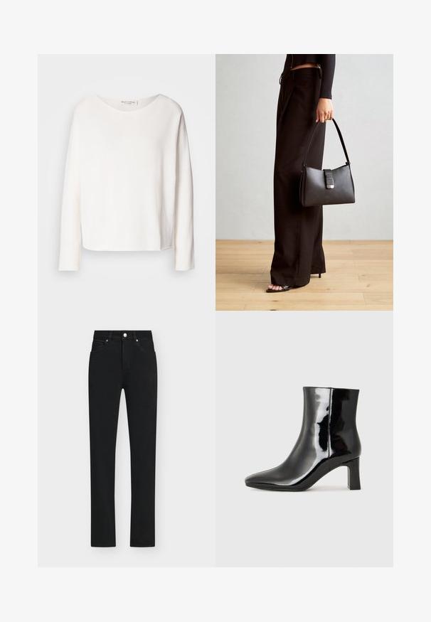 Dugih rukava, majica s okruglim izrezom od mekog, laganog bijelog materijala s opuštenim krojem. Ima čistu obrub i bez vidljivih dodataka.; Crne traperice ravnog kroja s kopčanjem na gumb, pet džepova i suptilnim šavovima duž šavova.; Crne lakirane kožne gležnjače s šiljastim prstom i srednje visokom blok petom. Glatka tekstura i minimalistički dizajn.; Crna torba s oblikom koji sadrži strukturu, glađu teksturu i metalnu kopču. Uparena s širokim crnim hlačama i sandalama na otvorenom s drvenog poda.