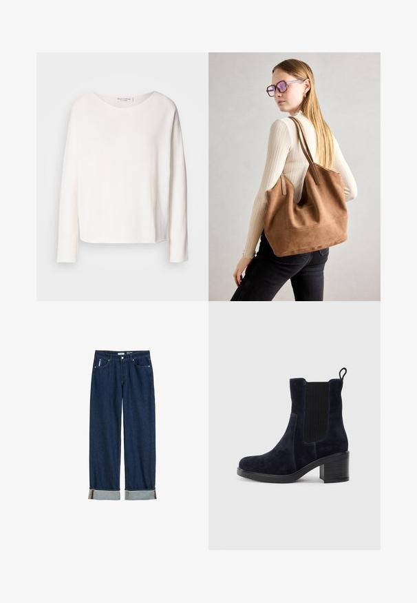 Μακρυμάνικο μπλουζάκι με στρογγυλή λαιμόκοψη από μαλακό, ελαφρύ λευκό ύφασμα με χαλαρή εφαρμογή. Διαθέτει καθαρό στρίφωμα και χωρίς εμφανή αξεσουάρ.; Σκούρο μπλε τζιν παντελόνι με ίσια γραμμή, διπλωμένα μανίκια, ορατές ραφές και κλασικό στυλ πέντε τσεπών.; Ναυτικό μπλε σουέντ μποτάκι αστραγάλου με ελαστική πλαϊνή επένδυση, στρογγυλή μύτη και τετράγωνη φτέρνα. Η υφή του υφάσματος και η λεία σόλα προσθέτουν αντίθεση.; Καστανή σουέτ τσάντα ώμου με μαλακή υφή, μεγάλη άνοιγμα και μακριά λουριά. Διαθέτει απλό σχέδιο με ορατά ραψίματα και χωρίς μεταλλικά στοιχεία.
