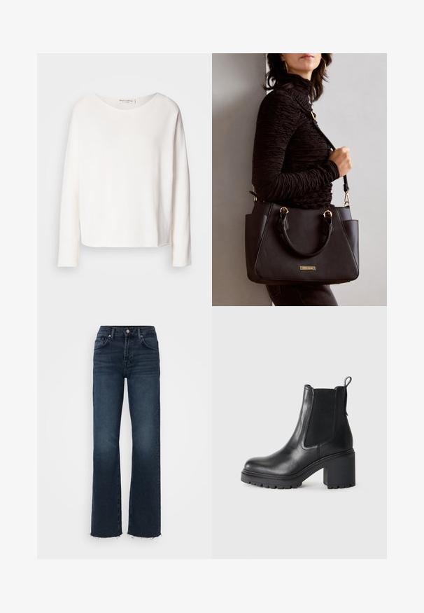 Dugih rukava, majica s okruglim izrezom od mekog, laganog bijelog materijala s opuštenim krojem. Ima čistu obrub i bez vidljivih dodataka.; Tamno plave traperice s visokim strukom, širokim krojem, klasičnim dizajnom s pet džepova i s rubovima koji su odrezani na dnu.; Crne kožne gležnjače s debelim potpeticama, elastičnim bočnim panelima i petnom petljom. Teksturirana potplat za dodatno prianjanje.; Crna torba s teksturiranom površinom, dvostrukim gornjim ručkama i podesivom remenom za rame. Ima zlatne metalne detalje i bočne džepove.