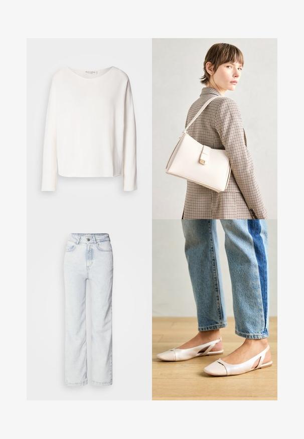 Hosszú ujjú, kerek nyakú felső puha, könnyű fehér anyagból, laza szabással. Tiszta szegéllyel és látható fémrész nélkül készült.; Világoskék, magas derekú farmernadrág, egyenes szárú fazonnal, denimből készült. Gombos zipzárral, öt zsebes kialakítással és finoman elhalványodott textúrával rendelkezik.; Világos rózsaszín slingback laposlábú cipők, hegyes orral, sima bőrhatású anyagból készült. Oldalt kivágott részletek találhatók rajta, valamint lapos sarkú.; Fehér bőr táska strukturált dizájnnal, mágneses záródással és vállpánttal, semleges háttér előtt bemutatva.