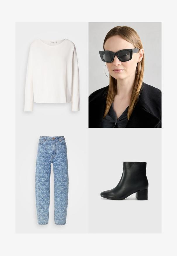Top de manga longa, com decote redondo, em tecido branco leve e suave com um ajuste relaxado. Apresenta uma bainha limpa e sem hardware visível.; Jeans de cintura alta azul claro com um padrão geométrico, design de perna reta, detalhes cosidos e botões em tom de cobre.; Botas de tornozelo em pele preta com bico pontiagudo e um salto robusto. Textura suave com acentos mínimos e um design ajustado e elegante.; Óculos de sol pretos em formato de gato com lentes escuras, armações grossas e acentos subtis. Usados com um casaco preto e uma blusa cinza, apresentando cabelo longo e liso.