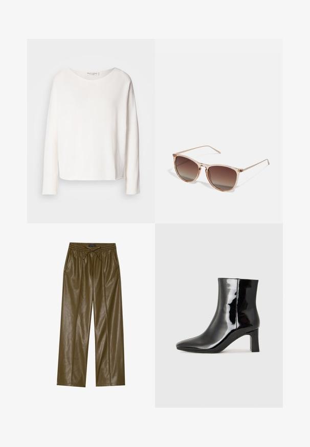 Dugih rukava, majica s okruglim izrezom od mekog, laganog bijelog materijala s opuštenim krojem. Ima čistu obrub i bez vidljivih dodataka.; Pantalone širokog kroja u maslinasto zelenoj boji od umjetne kože s elastičnim pojasom i podesivom vezicom. Ima dva bočna džepa i glatku teksturu.; Crne lakirane kožne gležnjače s šiljastim prstom i srednje visokom blok petom. Glatka tekstura i minimalistički dizajn.; Smeđe gradient sunčane naočale s prozirnim ružičastim okvirom, kvadratnog oblika i tankim metalnim ručkama. Imaju zaobljene ivice i minimalne detalje.; Set od pet zlatnih naušnica, koje se odlikuju različitim dizajnima: uvrnuti, rebrasti i glatki površine u obliku obruča i polumjeseca.