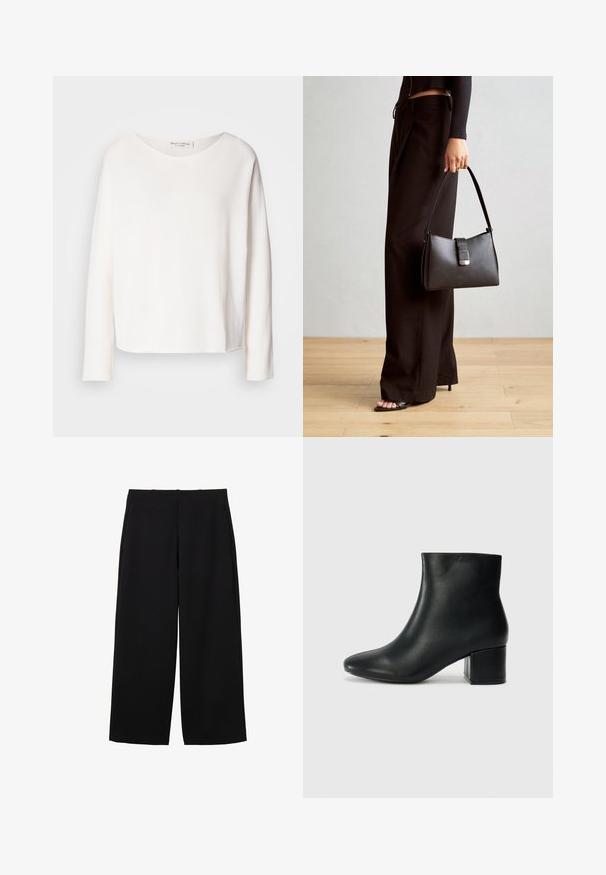 Pitkähihaisessa, pyöreäkaula-aukkoisessa paidassa on pehmeä, kevyt valkoinen kangas ja rento mitoitus. Tässä on siisti helma eikä näkyvää kiinnitysmateriaalia.; Mustat leveälahkeiset housut, jotka on valmistettu tekstuuri-kankaasta ja joissa on korkea vyötärö, etupuolelta laskostukset ja siisti muotoilu. Ei näkyviä taskuja tai kiinnikkeitä.; Musta nahkasaappaat nilkkapituudella, jossa on terävä kärki ja paksu korko. Silkkinen pinta, jossa on minimaaliset yksityiskohdat ja tyylikäs, istuva muotoilu.; Musta käsilaukku, jossa on rakenteellinen muoto, sileä pinta ja metallinen solki. Yhdistetty leveisiin mustiin housuihin ja avonaiheisiin sandaaleihin puulattialla.