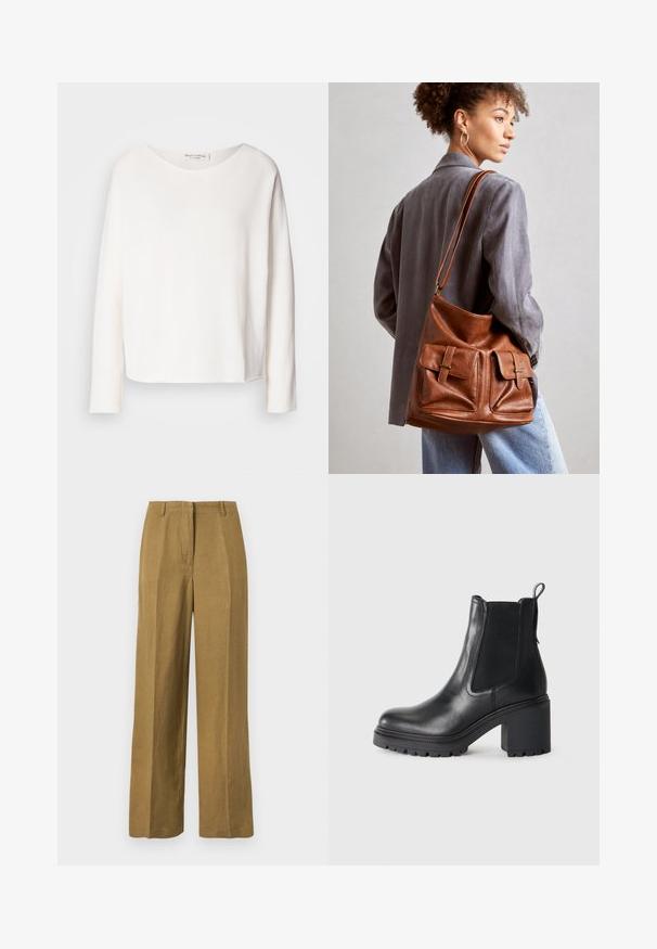 Langermet topp med rund hals i mykt, lett hvitt stoff med en avslappet passform. Har en ren nederkant og ingen synlig maskinvare.; Khaakifargede, vide bukser laget av et lett stoff, med en jevn tekstur, frontfolder og en klassisk livdesign.; Svart lær ankelstøvel med en kraftig hæl, elastiske sidepaneler og en løftestrop bak. Teksturert såle for bedre grep.; Brun lærbucket bag med to frontlommer med spænde-accenter. Tasken har en glat tekstur og en justerbar rem.