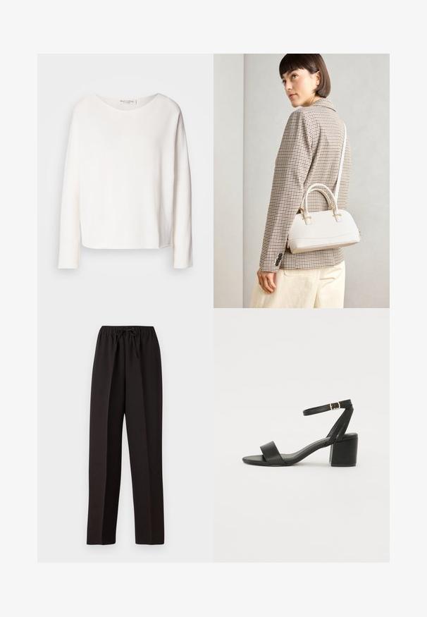Långärmad topp med rund halsringning i mjukt, lättviktigt vitt tyg med avslappnad passform. Har en ren nederkant och ingen synlig hårdvara.; Svarta byxor med vida ben, elastisk midja och justerbart snöre. Tillverkade av ett slätt, lätt tyg utan synliga mönster.; Svart klacksandals med en slät läderöverdel, öppen tå, breda framremmar och justerbart ankelband med en guldfärgad spänne.; Vitt strukturerat handväska med korta handtag och en axelrem, med gyllene detaljer och texturerat material, visad mot en grå bakgrund.