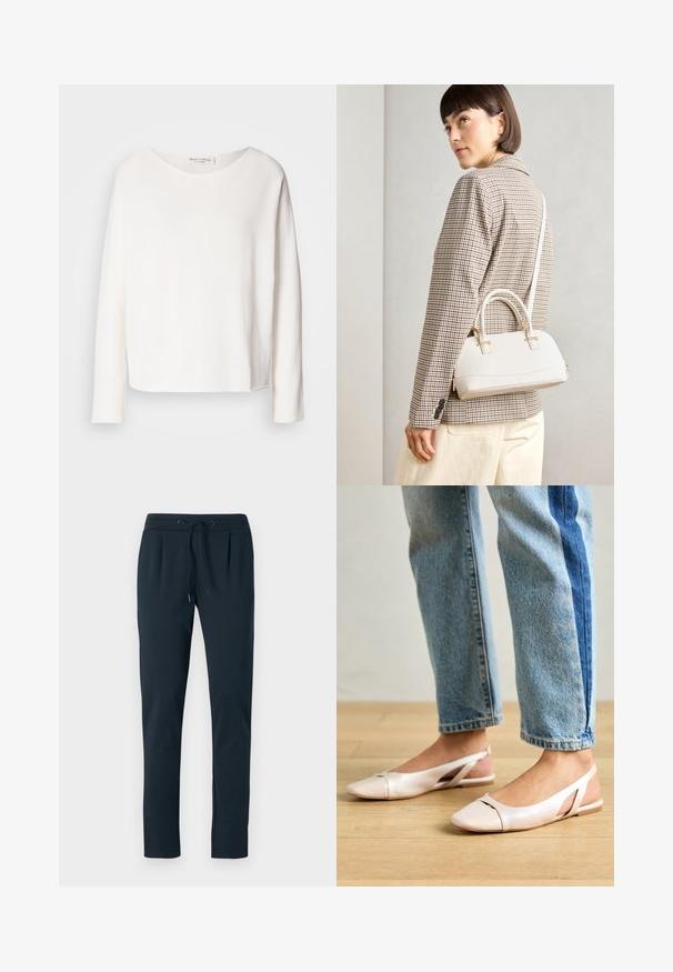 Lange mouwen, ronde hals top in zachte, lichtgewicht witte stof met een relaxte pasvorm. Heeft een nette zoom en geen zichtbare hardware.; Donkerblauwe katoenen joggers met een drawstring taille, taps toelopende benen en plooien aan de voorkant. Zachte textuur en minimaal design.; Zachtroze slingback ballerina's met een spitse neus, gemaakt van een glad leerachtig materiaal. Bevat uitsnijdingen aan de zijkanten en heeft een platte hak.; Witte gestructureerde handtas met korte handvatten en een schouderband, voorzien van gouden hardwareaccenten en een textuurmateriaal, tentoongesteld tegen een grijze achtergrond.