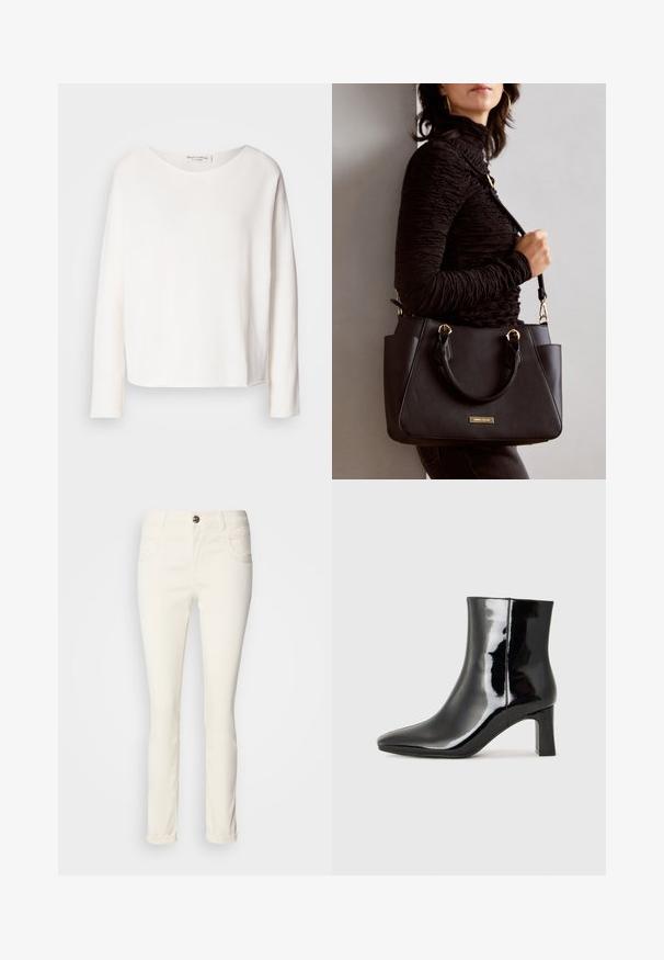 Tricou cu mâneci lungi și gât rotunjit, din material alb moale și ușor, cu o croială lejeră. Prezintă un tiv curat și nu are elemente de prindere vizibile.; Jeans albe, cu croială slim-fit, realizate dintr-un material din bumbac amestecat. Au cinci buzunare, închidere cu buton și o textură netedă, ușor lucioasă.; Botine negre din piele lacuită, cu vârful ascuțit și toc bloc de înălțime medie. Textură netedă și design minimalist.; Geantă de umăr neagră cu suprafață texturată, cu două mânere superioare și curea de umăr ajustabilă. Dispune de accesorii metalice de culoare aurie și buzunare laterale.