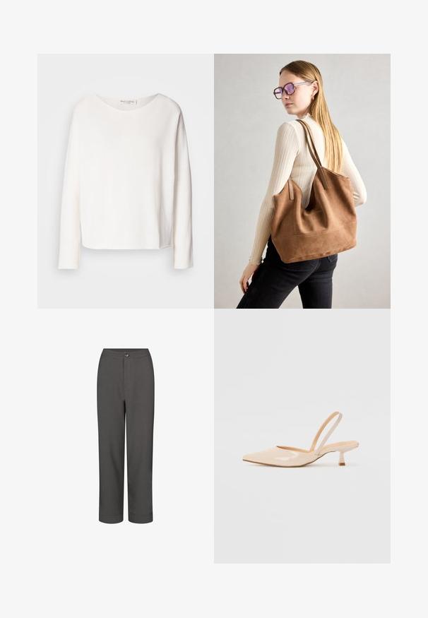 Majica dolgih rokavov, okroglega izreza iz mehke, lahke bele tkanine z sproščenim krojem. Ima čist rob in brez vidnih dodatkov.; Sive hlače z ravnimi nogavicami, gladko teksturo, sprednjim gumbom za zapiranje in obrobami za prilagojen videz.; Bež čevlji na peto iz patentiranega usnja, s koničastim nosom in ozko kvadratno peto. Gladka tekstura in minimalističen dizajn brez okrasja.; Rjava semišna torba z mehko teksturo, velikim odprtjem in dolgimi ročaji. Ima preprost dizajn z vidnim šivanjem in brez okovja.