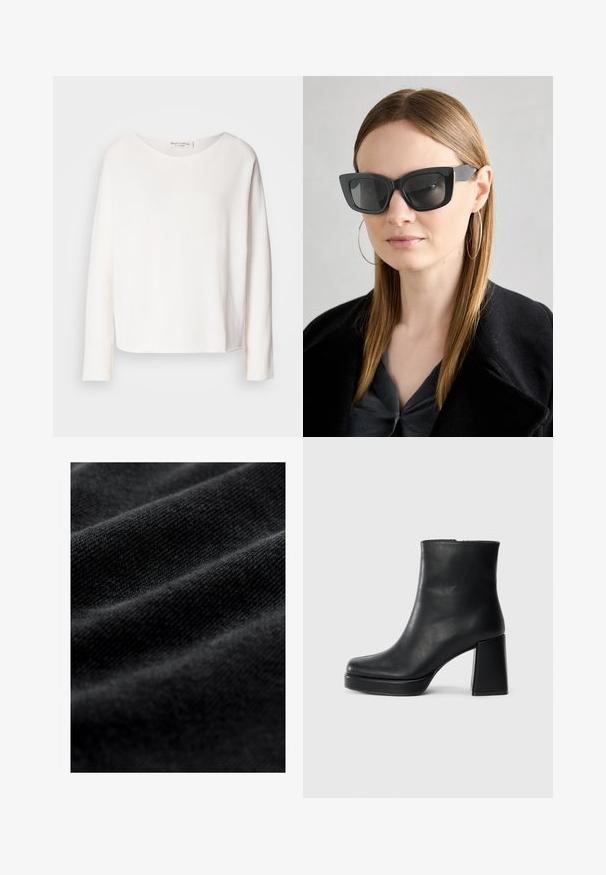 Langærmet, rundhalset top i blødt, let hvidt stof med en afslappet pasform. Har en ren kant og ingen synlig hardware.; Sort stof med en glat, blød tekstur, der har subtile vandrette folder og et ensartet vævemønster. Ingen synlige mønstre eller accenter.; Sort læder ankelstøvle med blokhæl og platformssål, set fra siden på en ensfarvet hvid baggrund.; Sorte katteøje solbriller med mørke linser, tykke rammer og subtile detaljer. Båret med en sort frakke og en grå bluse, med langt, glat hår.