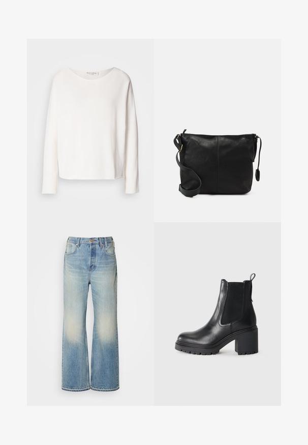 Lange mouwen, ronde hals top in zachte, lichtgewicht witte stof met een relaxte pasvorm. Heeft een nette zoom en geen zichtbare hardware.; Lichtblauwe spijkerbroek met wijde pijpen en een vervaagd effect, met knoopsluiting, riemlussen en een vijf-pocket ontwerp.; Zwarte leren enkellaars met een chunky hak, elastische zijpanelen en een treklipje aan de achterkant. Getextureerde zool voor extra grip.; Zwarte leren schoudertas met een platte vorm, gouden hardware-accenten en een verstelbare schouderband. Gladde textuur met minimale stikdetails.
