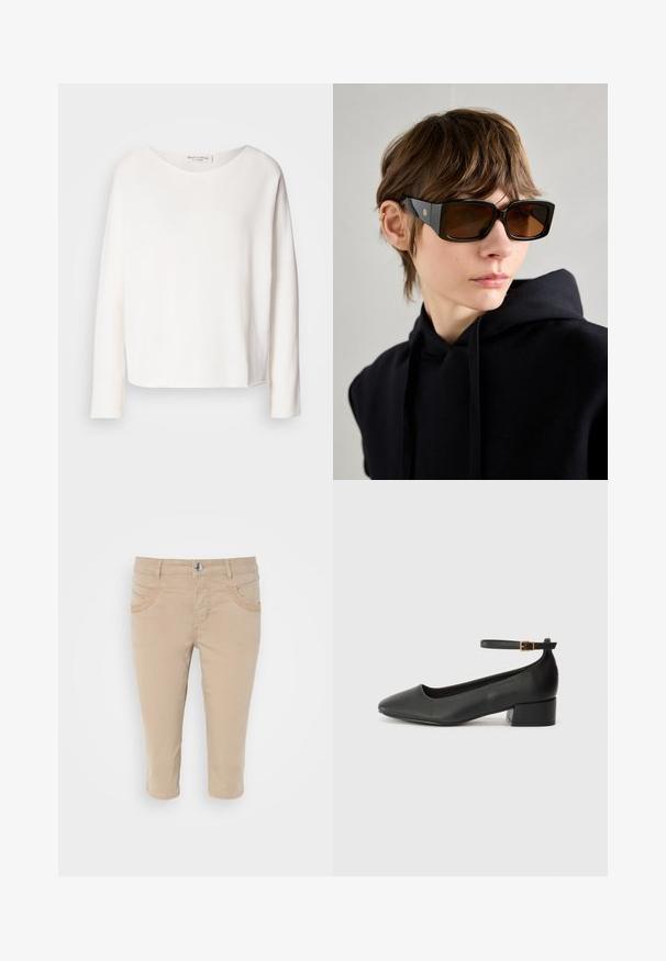 Garās piedurknes, apaļā kakla augšdaļa no mīkstas, vieglas, baltas auduma ar brīvu piegriezumu. Iezīmē tīru apakšmalu un bez redzamām detaļām.; Bežīgas kroptās chinos bikses ar gludu kokvilnas tekstūru, divi priekšējie kabatas un pogas aizdare jostasvietā.; Melnas ādas sūkņi ar smailu purngalu un zemu bloku papēdi. Iezīmēts ar potītes siksniņu ar zelta krāsas sprādzi. Gluda tekstūra.; Melni pārmērīgi lieli saulesbrilles ar spīdīgu apdari, taisnstūra formu, brūnu tonēšanu lēcām un zelta logotipa detaļām uz kājiņām.