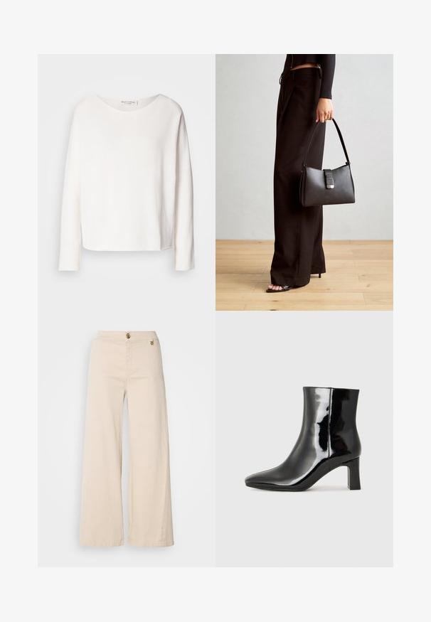Långärmad topp med rund halsringning i mjukt, lättviktigt vitt tyg med avslappnad passform. Har en ren nederkant och ingen synlig hårdvara.; Beiga vida byxor i bomull. Har en framknappstängning och sidofickor. Rätt linje med en ren, minimalistisk design.; Svart lackläder ankelboot med spetsig tå och en medelhög klack. Slät textur och minimalistisk design.; Svart handväska med strukturerad form, slät yta och metallspänne. Matchad med vida svarta byxor och sandaler med öppen tå på trägolv.