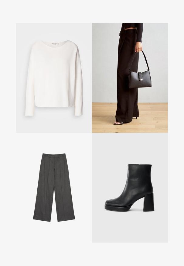 Ilgas rankovės, apvalaus kaklo viršus iš minkštos, lengvos baltos medžiagos su laisvu kirpimu. Savybės - švarus apvadas ir jokių matomų detalių.; Tamsiai pilkos spalvos platėjančios kelnės su vertikaliomis juostelėmis, turinčios lygų priekį ir du šoninius kišenes. Sklandus audinio paviršius ir pritaikytas dizainas.; Juodas odinis kulkšninis botas su bloku ir platformos padu, matomas šoniniu vaizdu ant balto fono.; Juodas rankinė struktūrizuota forma, lygi tekstūra ir metalinis užsegimas. Suporuota su plačiomis juodomis kelnėmis ir atvirais bateliais ant medinių grindų.